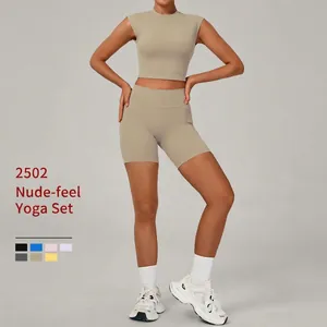 Women's Yoga Top And Bottom Naked Feeling Sports Fitness Suit Solid Color Short Sleeve Top And High Waist Shorts