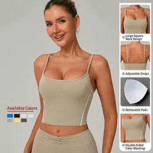 Adjustable double strap yoga sports vest with contrast stitching and square neckline