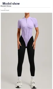 Lavender purple stand collar fitness bodysuit with black contrast panels and front zipper