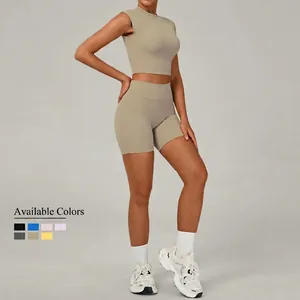 Women's 2-piece yoga set with cropped tank top and high-waisted shorts in khaki