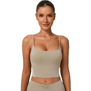Khaki yoga sports bra with thin adjustable straps and side contrast white stripes