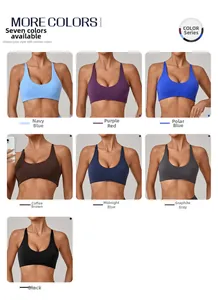 Macro detail of elastic yoga sports bras shown in seven different versatile colors