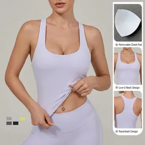 Lavendelfarbenes Damen Yoga Tanktop mit tiefem U-Ausschnitt und stützendem Racerback-Design