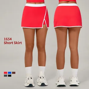 Jupe-Culotte de Tennis de Couleur Contrastée avec Fente Latérale Taille Haute pour Yoga Course Gym Fitness avec Poche