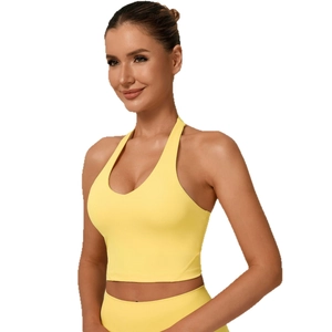 Reggiseno sportivo regolabile all'americana giallo brillante con scollo a V profondo
