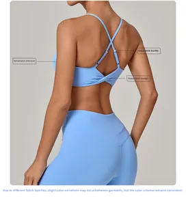 Close-up of the back cross-twist design and adjustable buckle on light blue sports bra