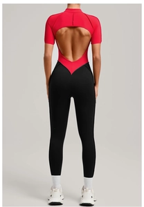 Back view of backless fitness bodysuit with red top and black high-waist yoga leggings