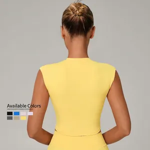 Tight quick-dry yoga crop top for women in bright yellow with high-neck sleeveless design