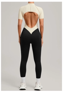 Detail of high-neck backless yoga bodysuit with contrast color stitching for fitness