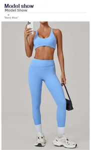 Detailed back view of a light blue racerback sports bra and high-waist fitness leggings