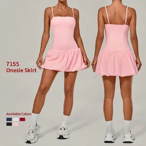 Women Sleeveless Patchwork Bubble Tennis Dress Built-in Shorts Golf Running Fitness Sporty Casual Mini Jumpsuit Dress