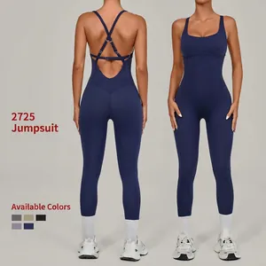 Women Yoga Unitard Sleeveless U-Neck Criss-Cross Back Open Back Solid Color High Elastic Gym Fitness Athletic Top And Bottom