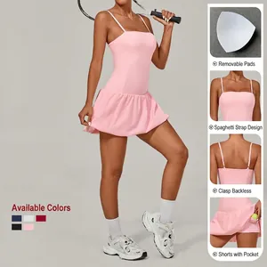 Pink sleeveless tennis dress with built-in shorts and pockets for sports fitness
