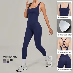 Women's blue yoga bodysuit with U-neck, crisscross back, and adjustable straps