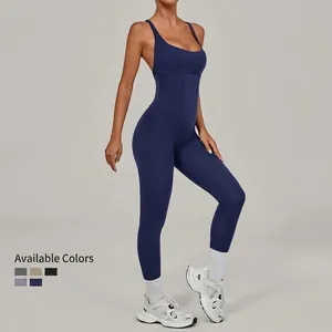 Women's backless yoga catsuit with adjustable straps and deep U-neckline in navy blue