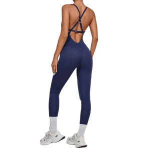Women's navy blue backless yoga jumpsuit with adjustable crisscross straps and slim fit