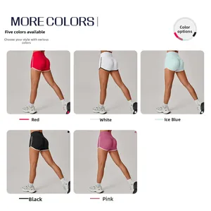 Detailed comparison of five colors of scrunch butt yoga shorts with contrast binding detail