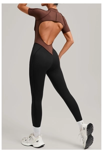 Close-up of heart-shaped back cutout and color-block design on the fitness jumpsuit