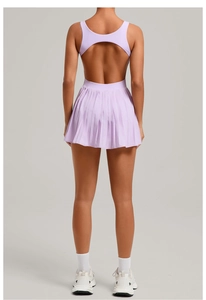 Detail of light purple backless tennis dress with pleated skirt for fitness sports