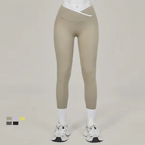 Women High Waist Cross V Waistband Yoga Pants Naked Feeling Contrast Trim Stretchy Fitness Leggings Running Gym Sportswear
