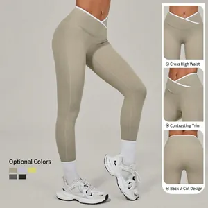 Women's high-waisted yoga pants with contrast trim and back V-shape design in light khaki
