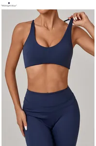 Detail of midnight blue sports bra with twist back design and high-waist yoga leggings