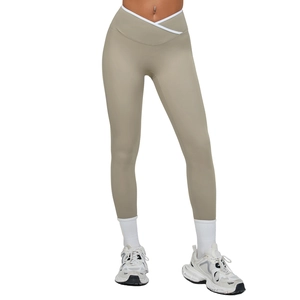 High-waist yoga leggings with V-shaped cross waist and white contrast piping detail