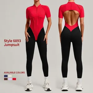 Women Color Block Fitness Bodysuit Stand Collar Zipper Backless Yoga Unitard Professional Sportswear Jumpsuit Long Pants Short Sleeve