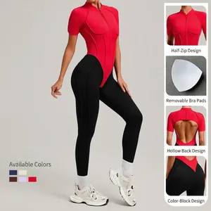 Women's backless fitness jumpsuit with red and black contrast panels and half-zipper collar
