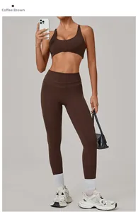 Detail of coffee brown yoga bra with knotted back and breathable high-elasticity fabric