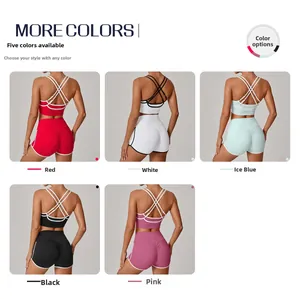 Fitness-Sets in fünf Farben mit Sport-BHs und Booty-Shorts in einer Collage-Ansicht