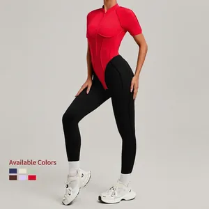 Short sleeve zip fitness jumpsuit with black sports leggings in high-stretch fabric