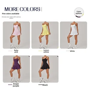 Detailed collage of pleated sports dress in baby pink, lemon yellow, white, purple and black