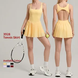 Women Backless Sports Tennis Dress Built-in Bra Pocket Shorts Sleeveless Square Neck Pleated Active Dress For Fitness Gym