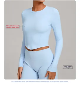 Detail of light blue long sleeve yoga top and high waist leggings in slim fit sports fabric