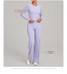 Détail de l'ensemble de yoga lavande avec haut à manches longues et pantalon large taille haute