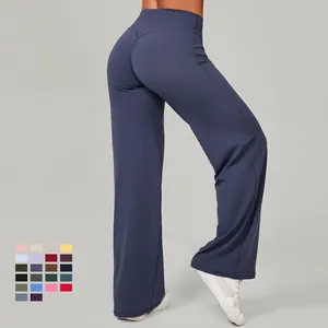 Pantalon de yoga à taille haute et jambe large bleu brume, disponible en 24 couleurs