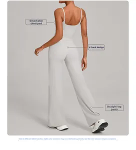 Detail of light gray yoga jumpsuit with back V-cut waist and removable breast pads