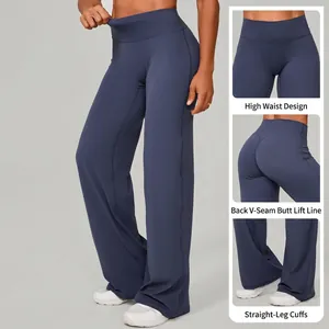 Pantalon de yoga bleu foncé à jambes larges avec taille haute et couture fessière en V