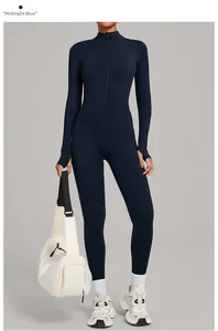Combinaison de sport bleu minuit à manches longues avec col zippé et passe-pouces