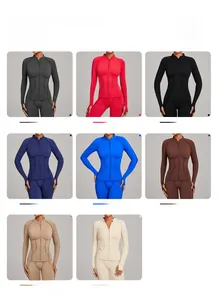 Détails de la veste de yoga montrant huit couleurs et les poignets avec passe-pouce