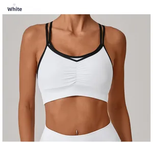 Détail d'un soutien-gorge de sport blanc avec bordure noire et bretelles fines