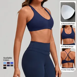 Women navy blue yoga set with U-neck sports bra and high-waist leggings shown in multi-view