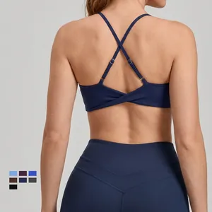 Crossback sports bra and high-waisted leggings set in navy blue matte finish