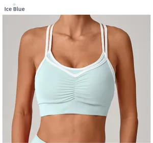Détail de la brassière sport bleu glacé avec passepoil blanc et fronces sur la poitrine