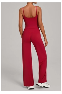 Back view of high waist yoga set featuring a red sports tank top and wide leg pants