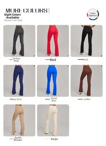 Matrix display of women's high waisted flare yoga pants in eight varied color options