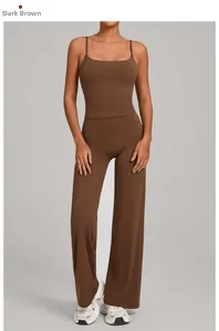 Front view of a dark brown yoga set featuring a slim fit tank top and high waist wide leg pants
