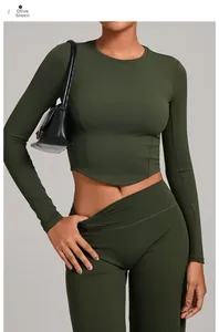 Detail view of olive green two-piece yoga set with crop top and high-waist leggings
