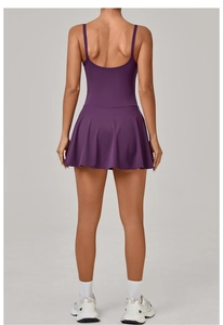 Back view of a purple athletic dress featuring slim straps and a deep U-shaped open back